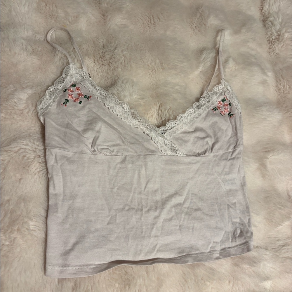 Frankie’s Bikinis White Lace Trim Cami with Floral Embroidery